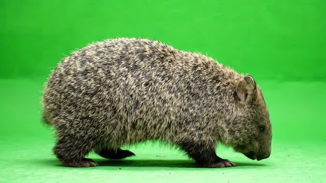 A fluffy Australian wombat walking slowly across a bright green screen background while sniffing the ground and looking around curiously