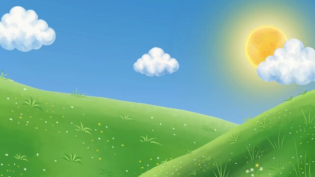 Animated Sunny Day Landscape with Green Rolling Hills, Blue Sky, and Fluffy Clouds