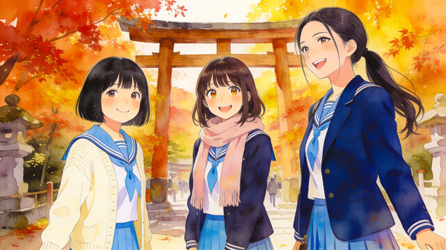 鳥居と紅葉を背景に笑顔を見せる女子学生3人の背景素材