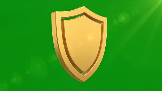 A golden metallic shield icon rotating smoothly against a bright green screen background representing digital security and protection