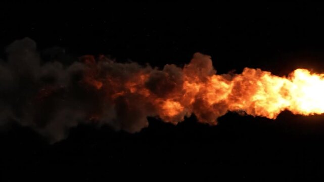 Bright fire ball explosion moving in dark space