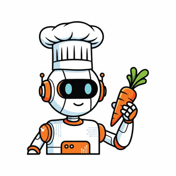 Robot chef vector illustration holding a fresh carrot wearing a white cook hat for culinary art
