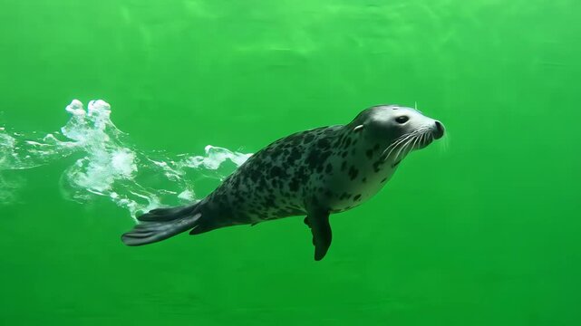 A graceful harbor seal swimming and gliding through water against a bright green screen background for easy chroma keying and post-production