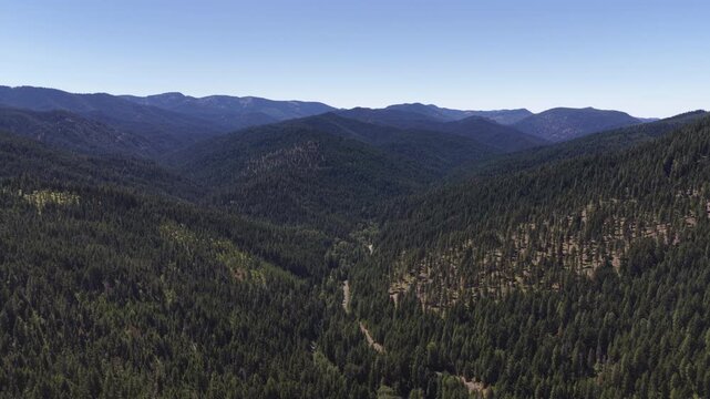 Aerial of Cle Elum Wenatchee National Forest mountain landscape in Washington with dense coniferous forests covering rolling mountains and valleys