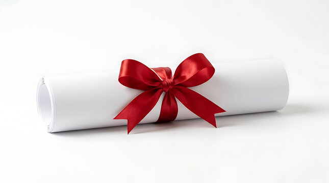 White rolled paper scroll tied with a vibrant red satin ribbon isolated on a clean and bright white background