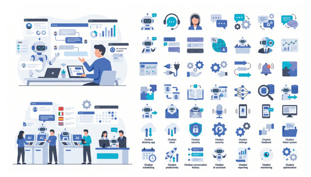 Automated machine learning and virtual assistant business technology icons set with learning automation assistant business technology software analysis innovation computer security