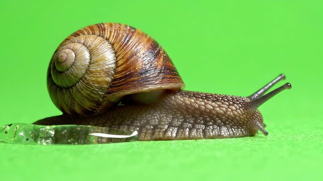 A large brown garden snail slowly crawling across a bright green screen background with its antennae moving and slimy trail appearing behind it