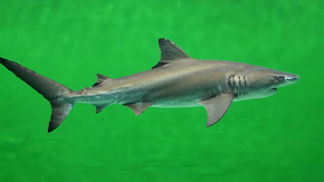 A large hammerhead shark swimming gracefully across a bright green screen background with realistic movement and fin undulation
