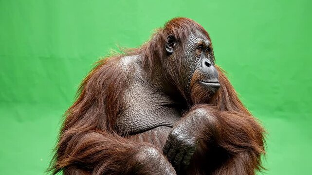 A large adult orangutan sitting calmly and looking around with curious expressions against a professional bright green screen background