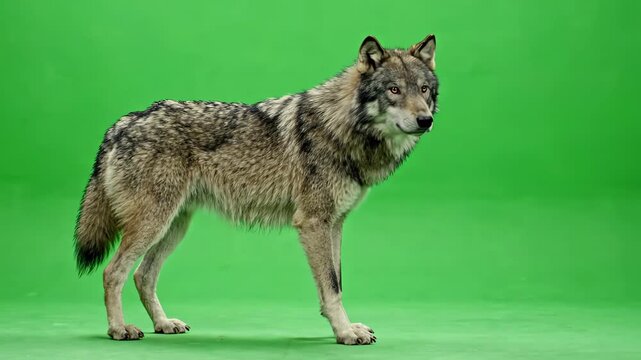 A majestic gray wolf walking slowly and stopping to look around against a bright green screen background
