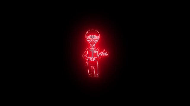 Neon Alien Character Animation, Glowing UFO Alien Icon, Red Neon Line Art Motion Background