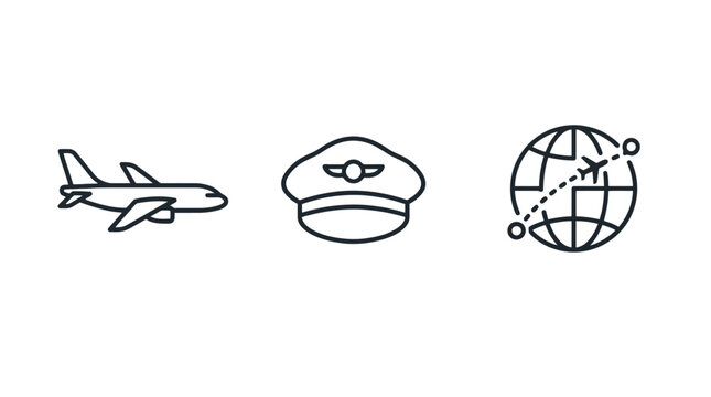 Vector Icons Set of aviation icons featuring airplane pilot hat and globe. EPS Editable