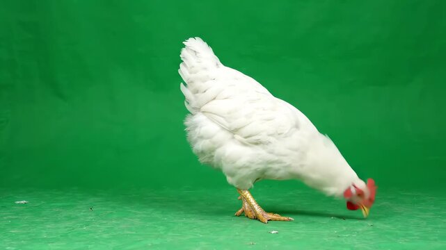 A pure white chicken walking slowly and pecking at the ground against a solid green screen backdrop