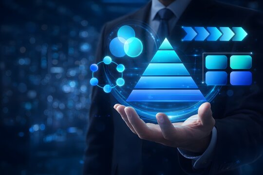 Business and corporate strategy for achieving goals. Businessman holding holographic diagrams.
