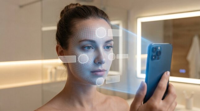 Woman Using Smartphone with Biometric Facial Recognition HUD for Skincare Analysis and Security Concept