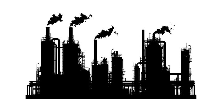 Black silhouette of an industrial oil refinery plant with smoke coming from chimneys isolated on transparent background, Vector