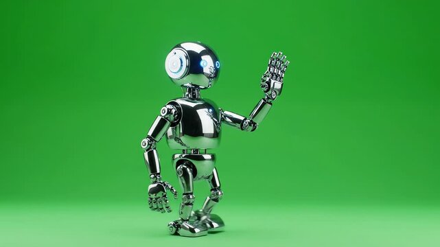 A small futuristic silver robot walking slowly and waving its mechanical hand against a bright green screen background