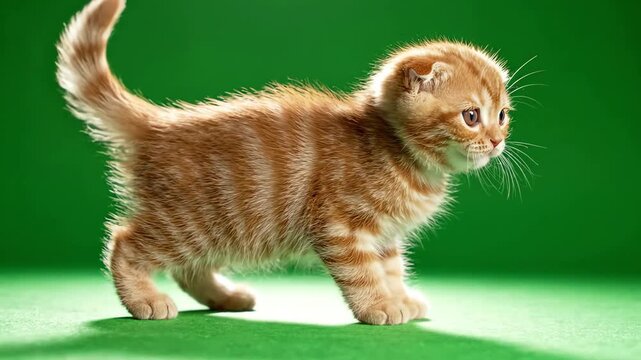 A small fluffy ginger kitten walks slowly across a bright green screen background with soft cinematic lighting on its fur