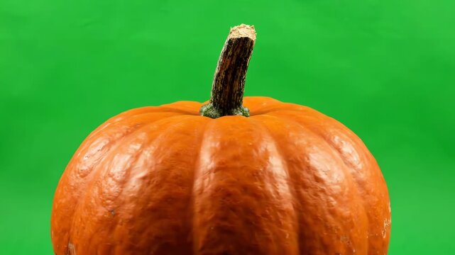 A single orange pumpkin rotating slowly on a vibrant green screen background for easy chroma key compositing