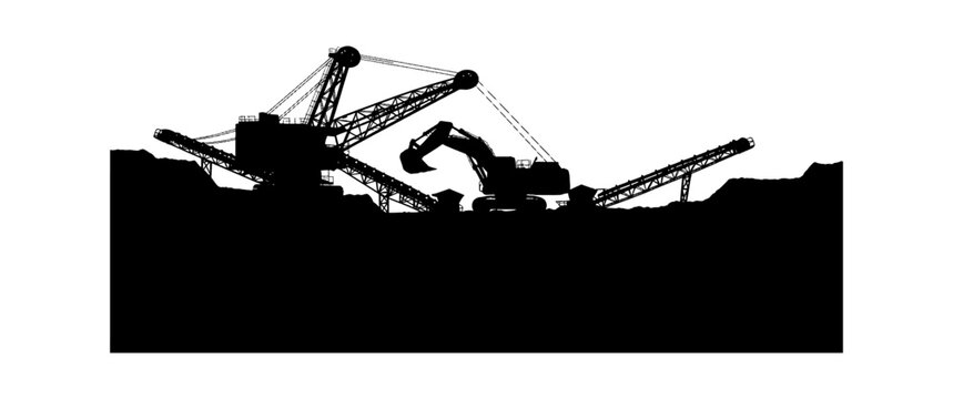 Black silhouette of heavy mining machinery with large excavators and conveyor belts working in an open pit coal mine site isolated on transparent background, Vector