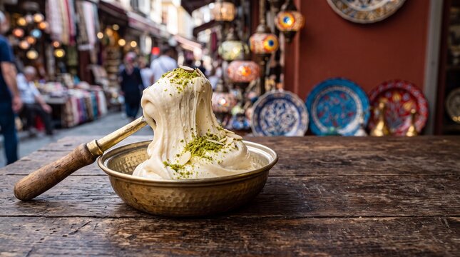 Traditional Turkish dondurma ice cream with pistachios and almonds in a brass bowl, set against a blurred bazaar background