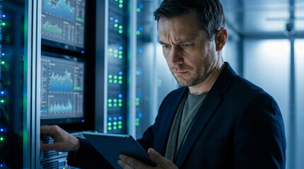 Fototapeta premium IT technician holding tablet checking server hardware in datacenter