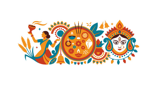 Durga Puja Festival Illustration with Goddess Durga and Rituals
