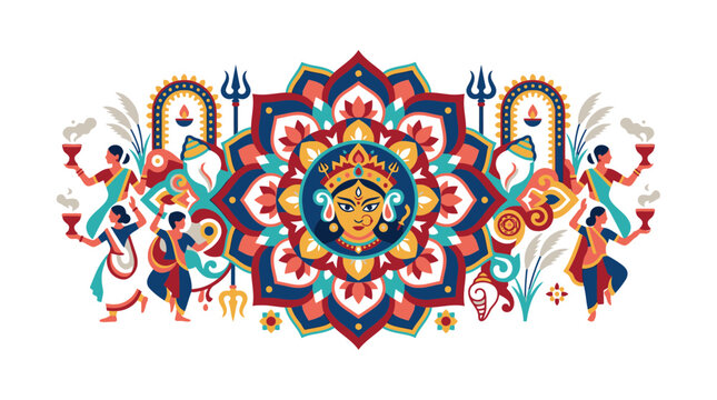 Durga Puja Festival Illustration with Goddess Face and Dancers