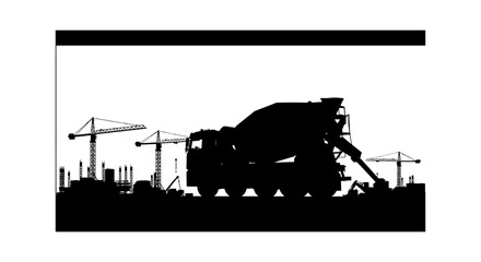 Obraz premium Black silhouette of a concrete mixer truck at a construction site with tower cranes isolated on transparent background, Vector