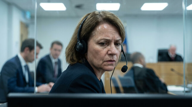Court Interpreter Translating Legal Proceedings in Courtroom Glass Booth