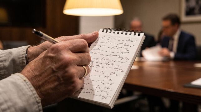 Journalist taking shorthand notes during formal business meeting