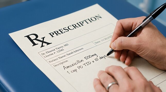 Doctor writing antibiotic prescription on paper