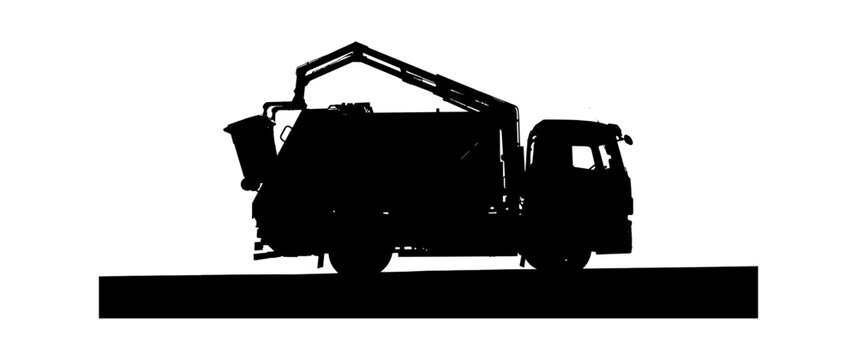 Black silhouette of a garbage truck collecting trash with a mechanical arm on a flat ground isolated on transparent background, Vector