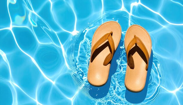 Pair of brown flip-flops in shimmering blue swimming pool water with sunlight reflections, top view