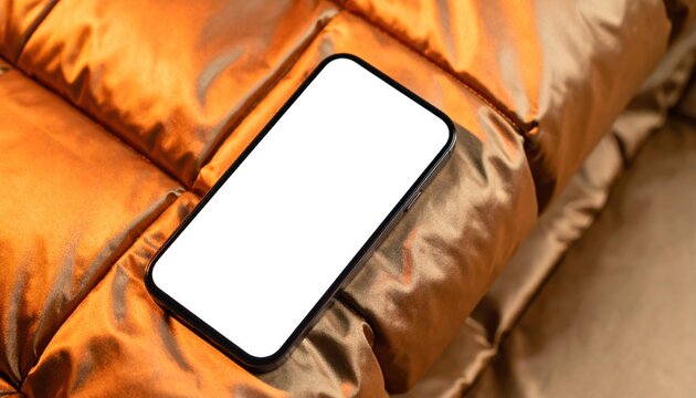 Modern smartphone with blank white screen on a luxurious golden quilted fabric