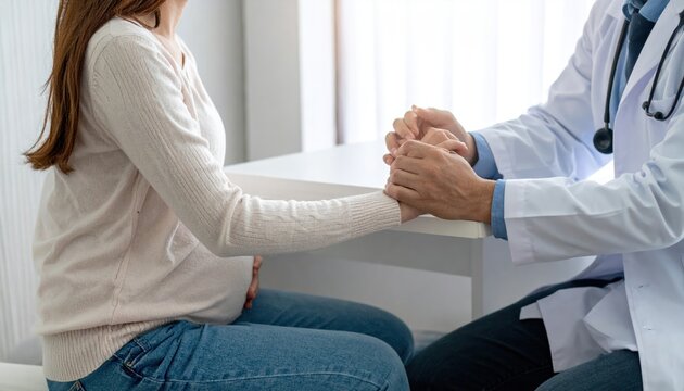 Doctor Holding Hands of Pregnant Woman for Emotional Support and Consultation at Clinic