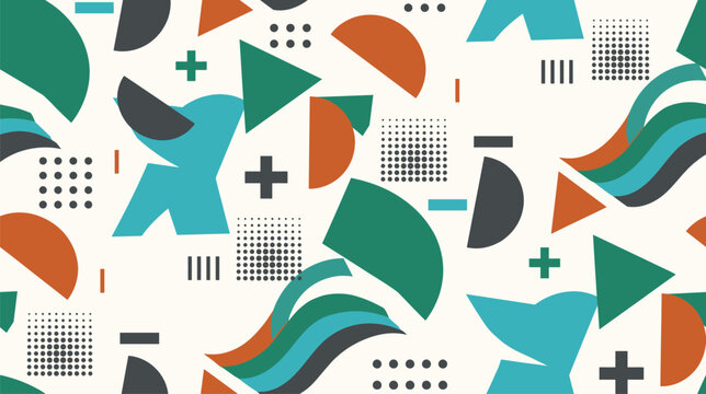 Abstract geometric pattern with teal, orange and black shapes on a light background.