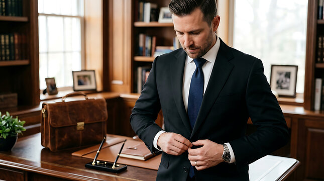 Businessman adjusting tie in office with books and wooden furniture