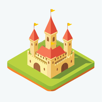 Fantasy medieval castle isometric view with flag towers and crenellated walls on green landscape