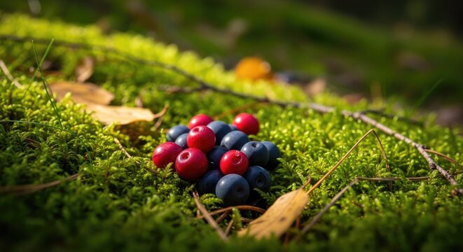blueberries and cranberries on green moss
