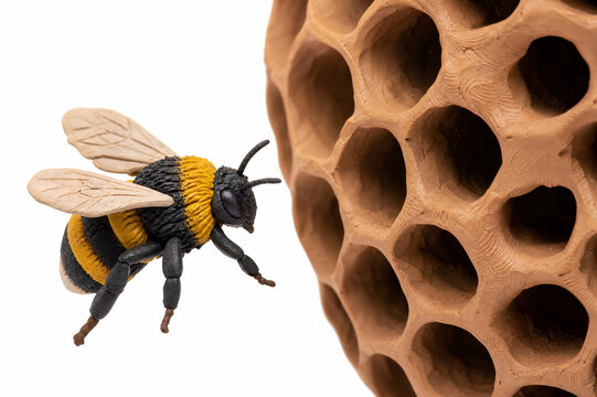 Close-Up Bees on Beehive and Honeycomb with Single Bee on Wall, Macro Nature Insect Photography in Yellow and Black Tones