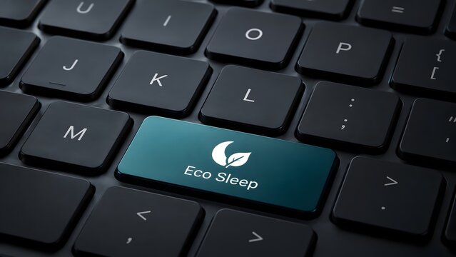 Eco Sleep mode concept on a computer keyboard featuring a glowing teal key with a moon and leaf icon for energy efficient green technology
