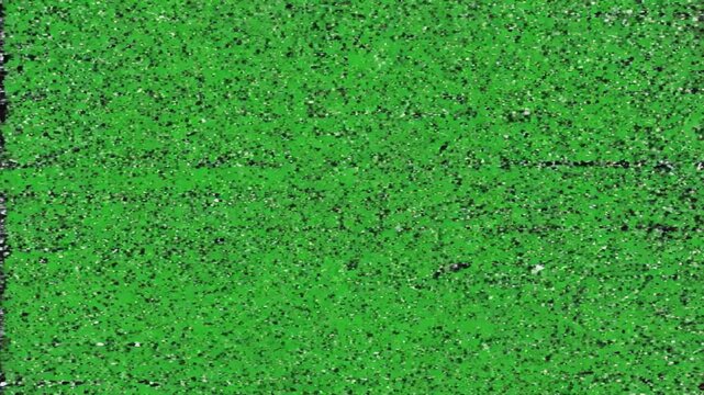 Abstract digital noise and static grain flickering over a bright chroma key green screen background creating a glitchy texture effect