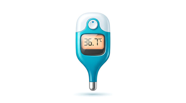 Premium cartoon-style 3D vector illustration of a single modern digital thermometer, cute rounded design