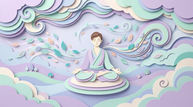 Serene Paper Cut Art of Person Meditating in Tranquil Pastel Nature Landscape