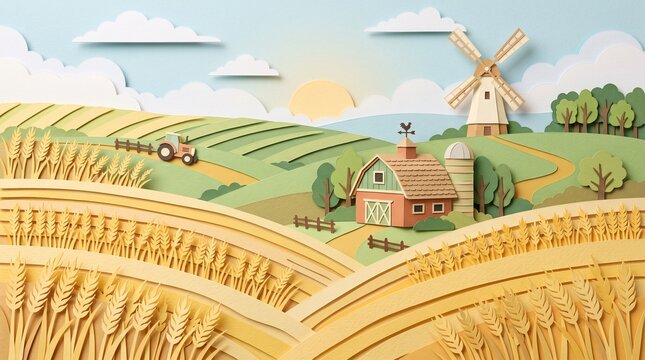 Charming Paper Cut Farm Scene with Golden Wheat Fields and Tractor