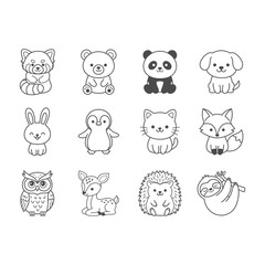 Obraz premium Cute Kawaii Baby Animals Outline Doodle Sticker Set