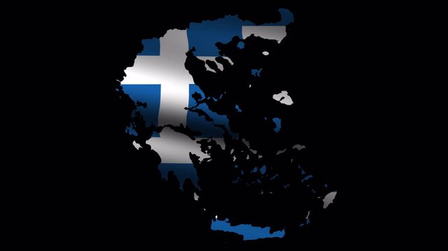 Animated map of Greece filled with the waving national flag on alpha channel. Patriotic overlay for travel, geography, news and national events