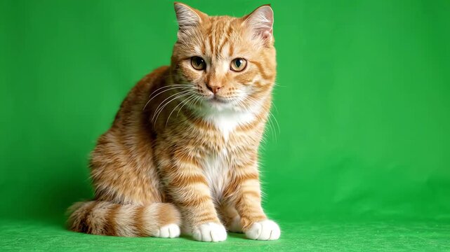 Adorable domestic cat sitting on a bright green screen background looking around curiously while grooming its paws in a studio setting