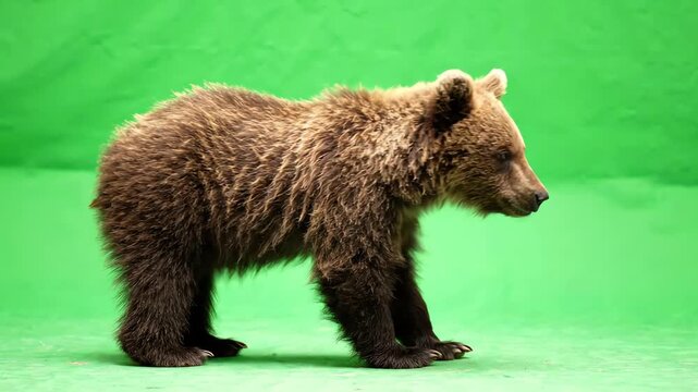 Adorable brown bear cub walking slowly across a bright green screen background for easy chroma key compositing